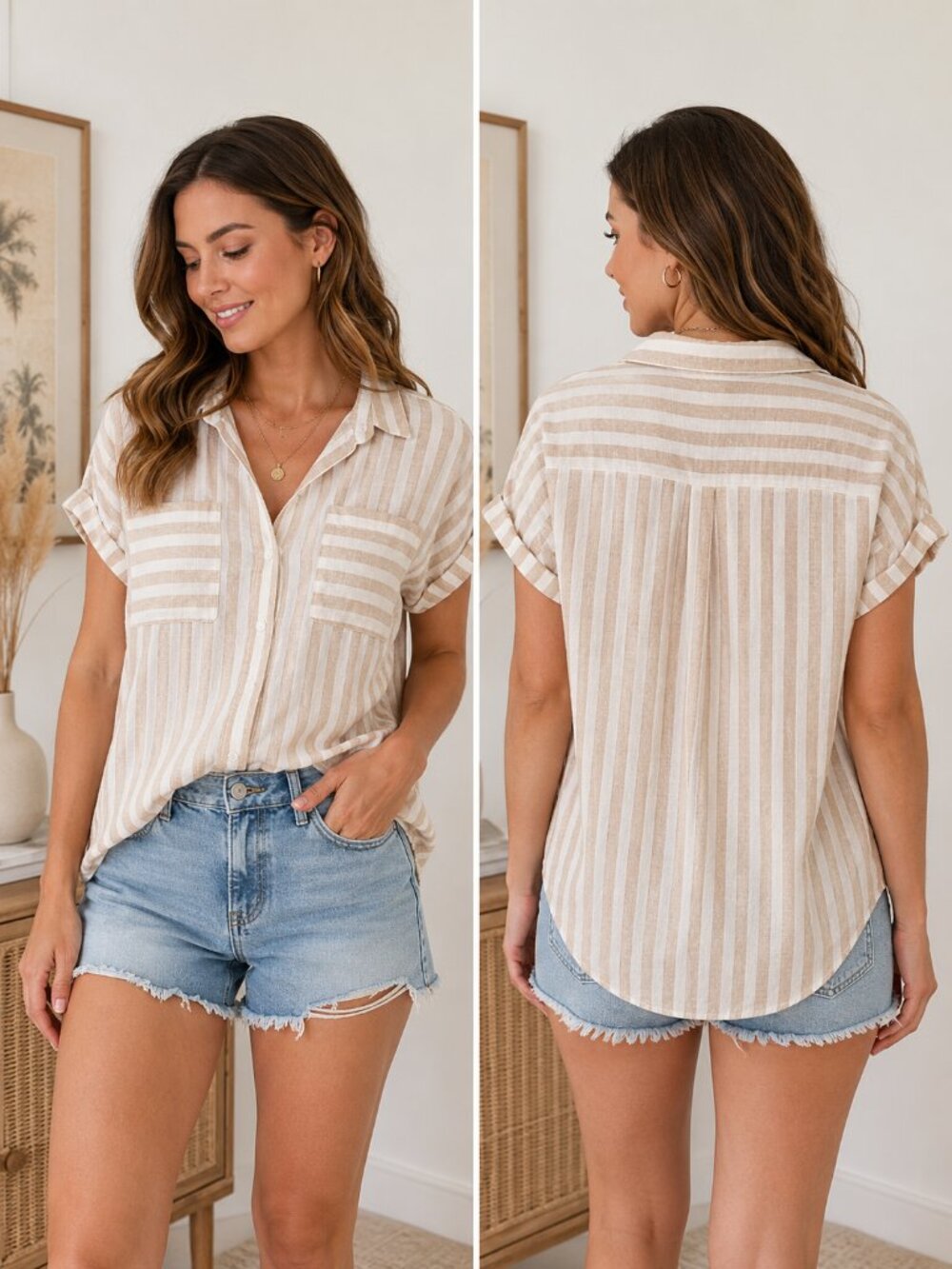 Universal Thread Beige and White Striped Short-Sleeve Button Front Blouse